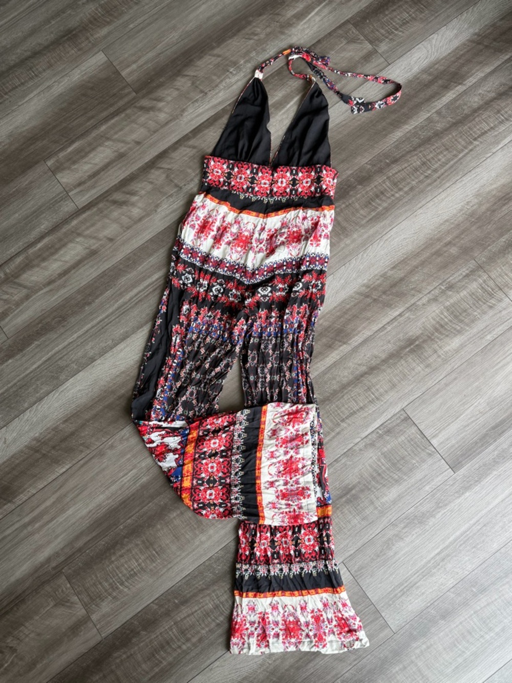 Anthropologie Rare Yumi Kim Halter Wide-Leg Jumpsuit Tie Geometric Pattern Sz S - Picture 2 of 3
